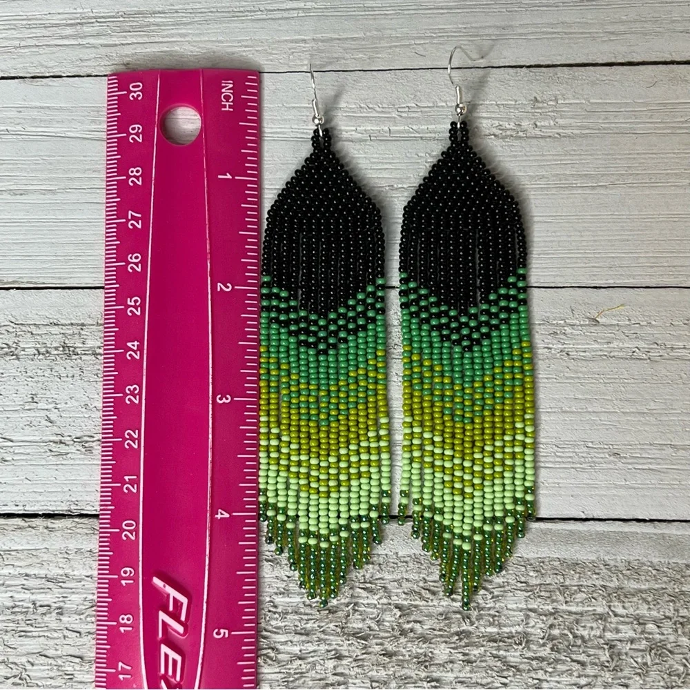 Green Black Seed Beaded Fringe Earrings Chevron Tassel Earrings Handmade Jewelry